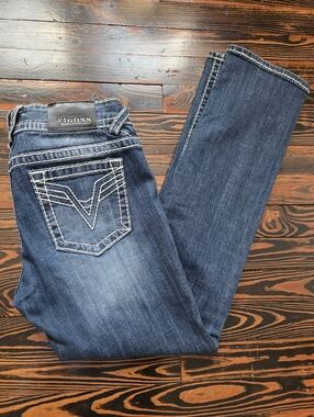 VIGOSS The Chelsea Straight Leg Jeans Thick Stitch Dark Wash Embellished
